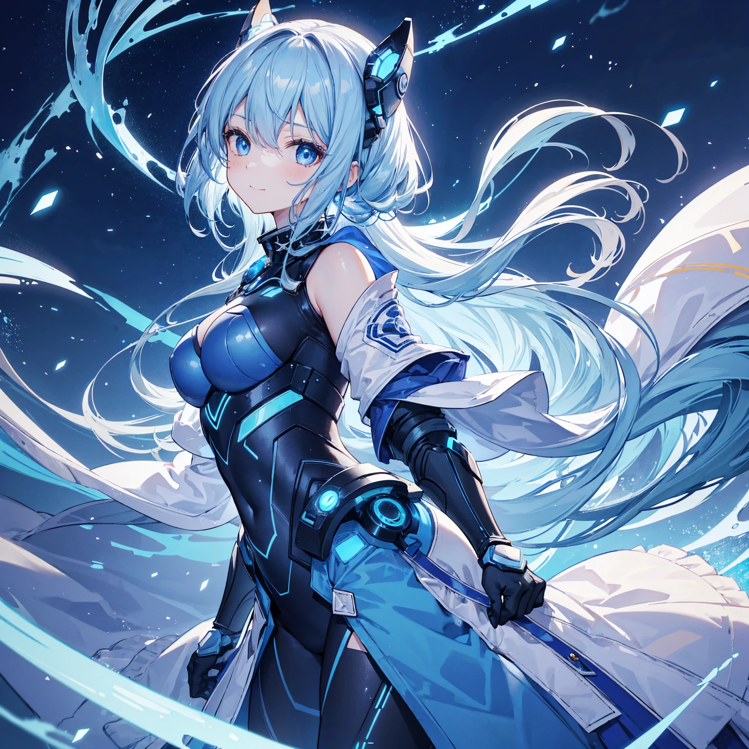 8k, highest quality, (real:1.4), Original photo, 1 girl, Asari Hair, Biological Amplifier, refined armor, posture: Peace talks between warring factions, smart blue eyes,A modest smile、Blue big moon and blue light swirl in the background、Blue light from behind