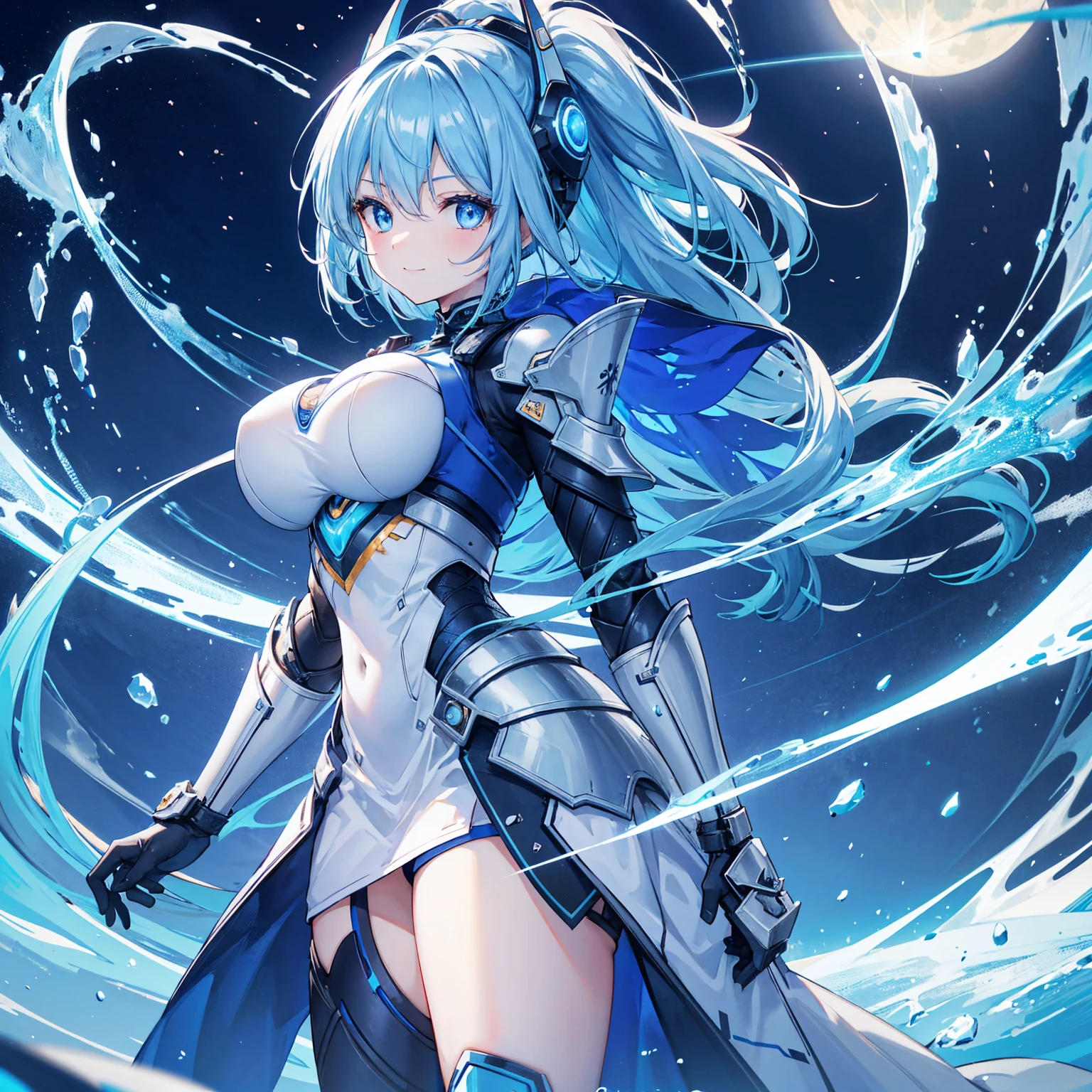 8k, highest quality, (real:1.4), Original photo, 1 girl, Asari Hair, Biological Amplifier, refined armor, posture: Peace talks between warring factions, smart blue eyes,A modest smile、Blue big moon and blue light swirl in the background、Blue light from behind
