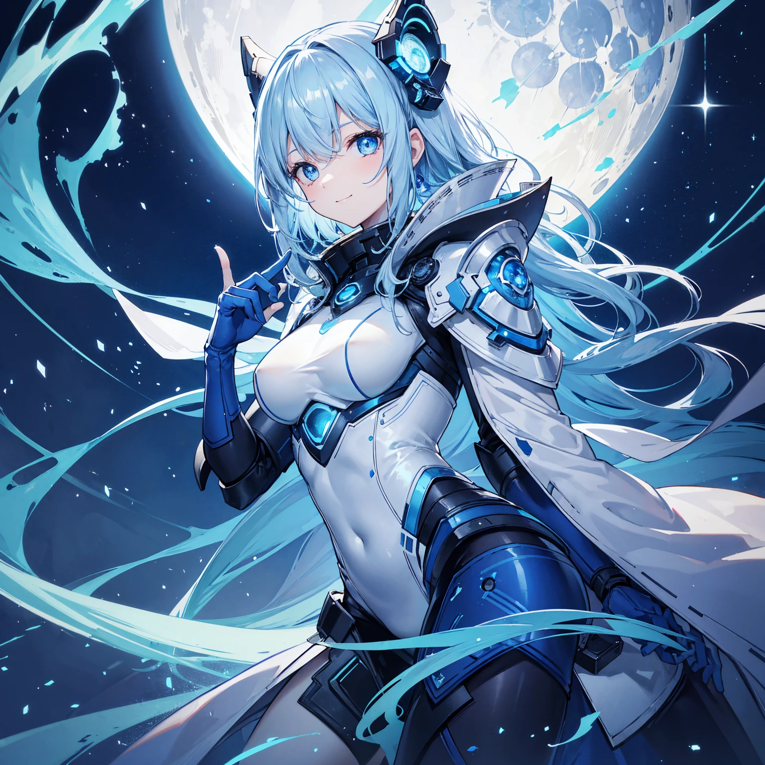 8k, highest quality, (real:1.4), Original photo, 1 girl, Asari Hair, Biological Amplifier, refined armor, posture: Peace talks between warring factions, smart blue eyes,A modest smile、Blue big moon and blue light swirl in the background、Blue light from behind