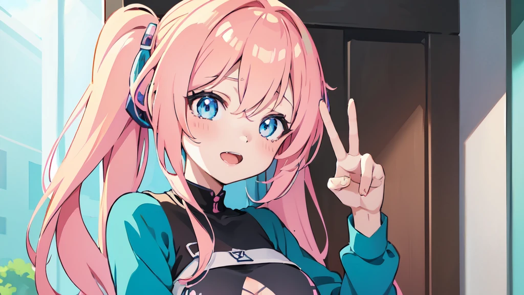 anime girl with pink hair and blue eyes making a peace sign, (1 girl) anime moe artstyle, pink twintail hair and cyan eyes, 2d anime style, shirabii, with index finger, cute anime face, twintails, anime vibes, soft anime illustration, flat anime style shading, an anime girl, in an anime style, anime visual of a cute girl, anime visual of a cute girl, smooth anime cg art, cute anime girl, young anime girl, an anime girl, female anime character, (anime girl), pretty anime girl, anime character art, anime character, big breast, anime girl, portrait anime girl, anime moe artstyle, sayori, anime best girl (BEAUTIFUL SMILE)