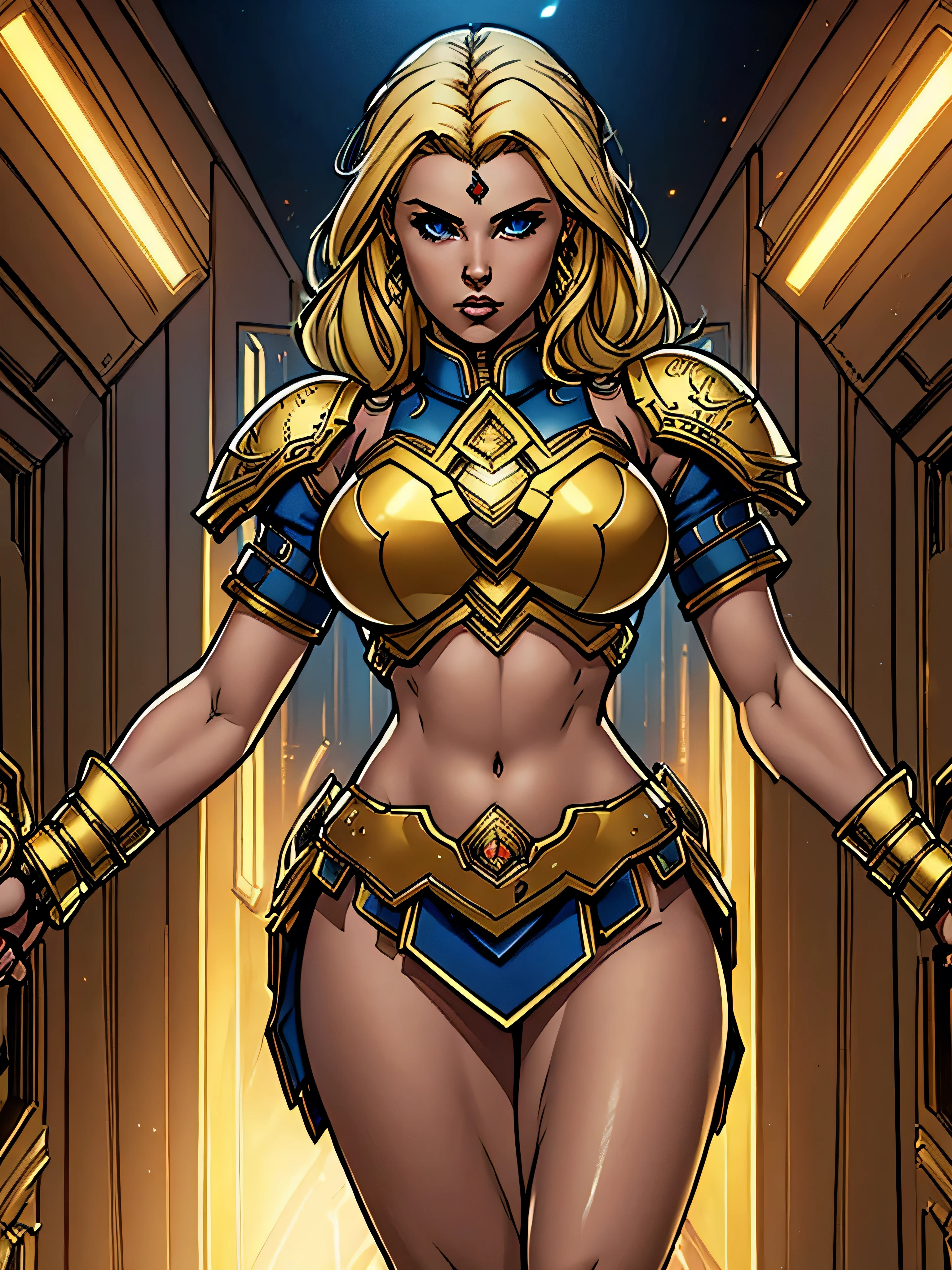 (masterpiece), best quality, expressive eyes, perfect face, masterpiece, digital artwork, A gorgeous blonde woman, wearing a skimpy battlesuit, exposed midriff, navel, bosom, highly detailed, dynamic cinematic lighting, intricately detailed,