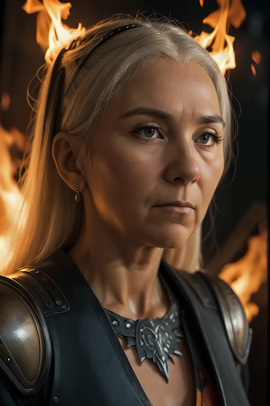 (((Cinematic heavy metal poster))) of Rhaenys Targaryen, (((old woman, 60 years old))) , Gothic style,  (a detailed RAW photo of a ), (master part:1.0), (best quality:1.4), (Ultra Highres:1.2), (photorealistic:1.4), 8K resolution, Canon EOS R5, 50 millimeters, Absurd, Ultra Detailed, sharp focus, Cinematic lighting, detailed face,  (ULZZANG-6500-V1.1), detailed skin texture, pale skin, chest round, (pale :0.5), Cinematic lighting. (((Abstract flames background)))