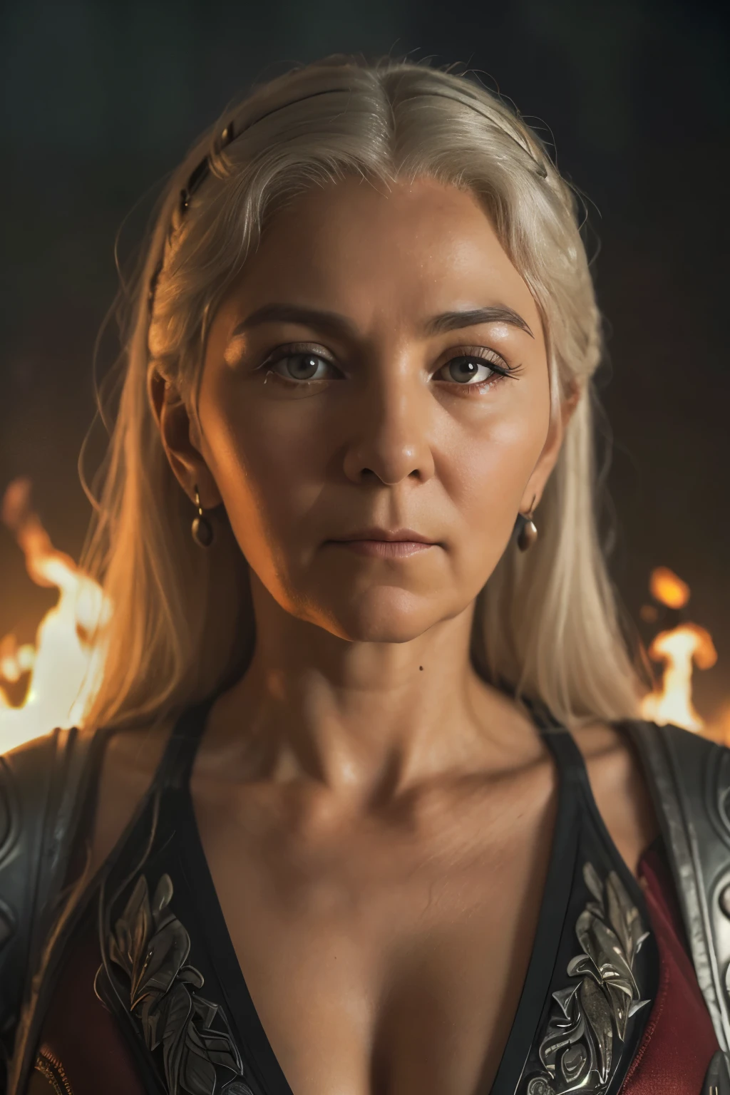 (((Cinematic heavy metal poster))) of Rhaenys Targaryen, (((old woman, 60 years old))) , Gothic style,  (a detailed RAW photo of a ), (master part:1.0), (best quality:1.4), (Ultra Highres:1.2), (photorealistic:1.4), 8K resolution, Canon EOS R5, 50 millimeters, Absurd, Ultra Detailed, sharp focus, Cinematic lighting, detailed face,  (ULZZANG-6500-V1.1), detailed skin texture, pale skin, chest round, (pale :0.5), Cinematic lighting. (((Abstract flames background)))