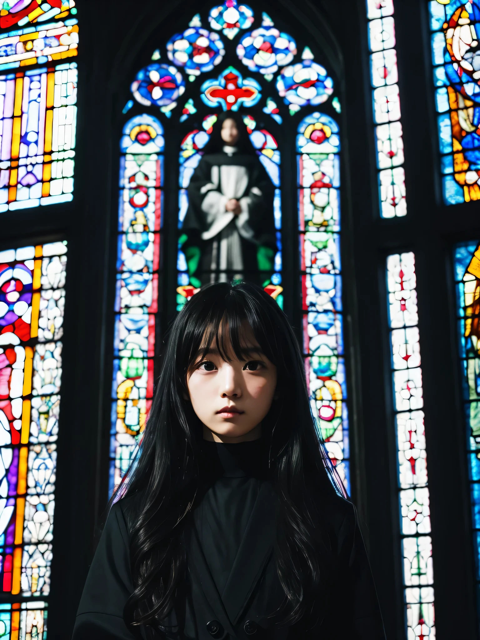 Black outfit、Comme des Garcons-like outfit、Portrait、Long Black Hair、Japanese、Inside the church、Stained glass

　