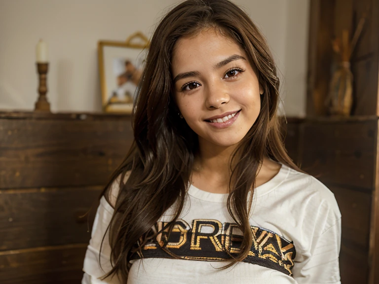 a 23 year old Bolivian girl with brown hair, piel clara, ojos claros, sonrisa delicada, estatura 1,60, senos medianos, cintura regular, cuerpo delicado, vistiendo ropa negra
