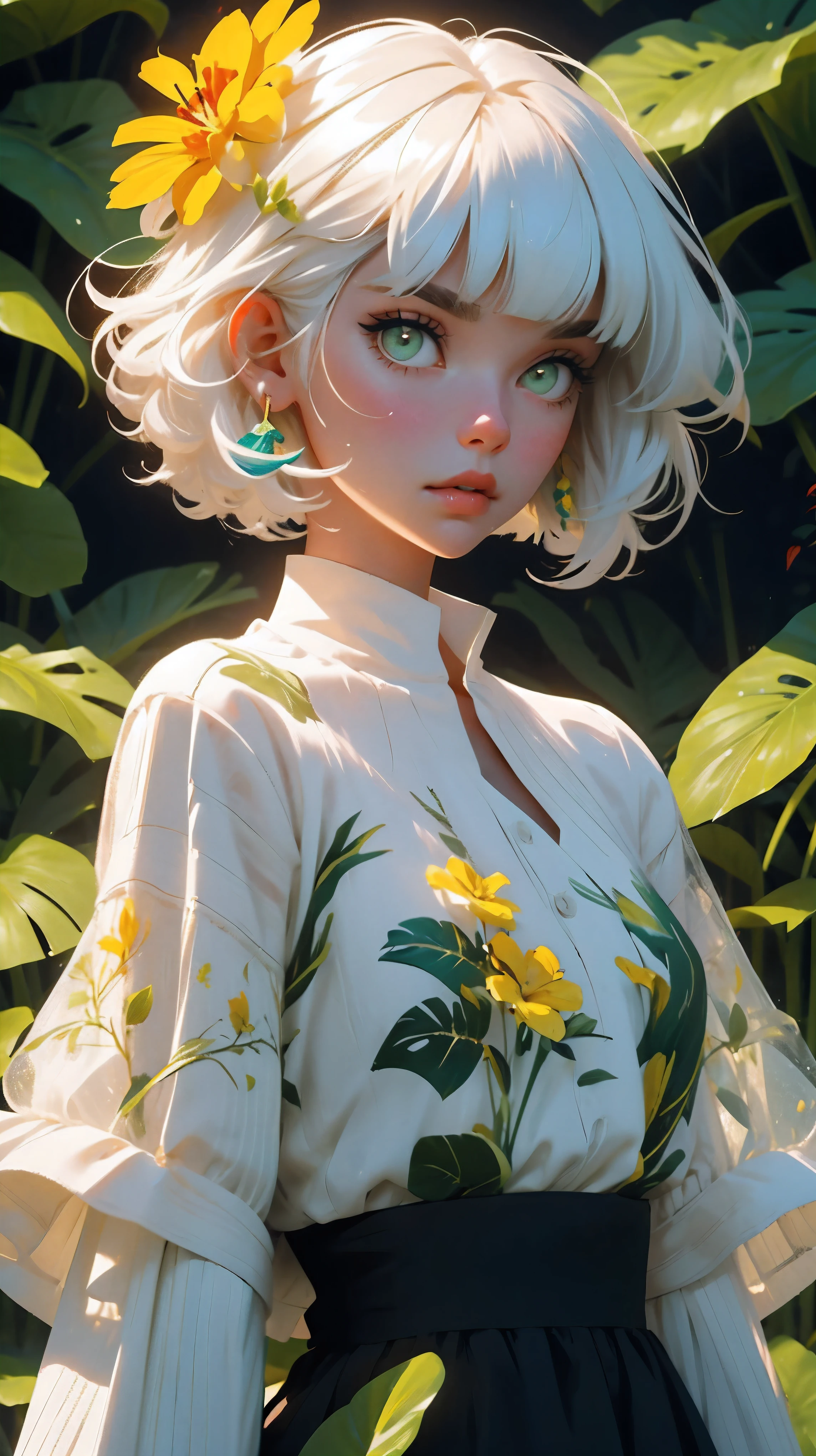 YXYcolor,1girl, only, white hair, Flower, hair ornament, hair flower, long curly hair, upper body, bangs, Looking at the viewer, Simple background, leaf, Bob Cut, Plant, shirt, yellow shirt, blunt bangs, red flower, red lips, green eyes, tropical leaves on the background