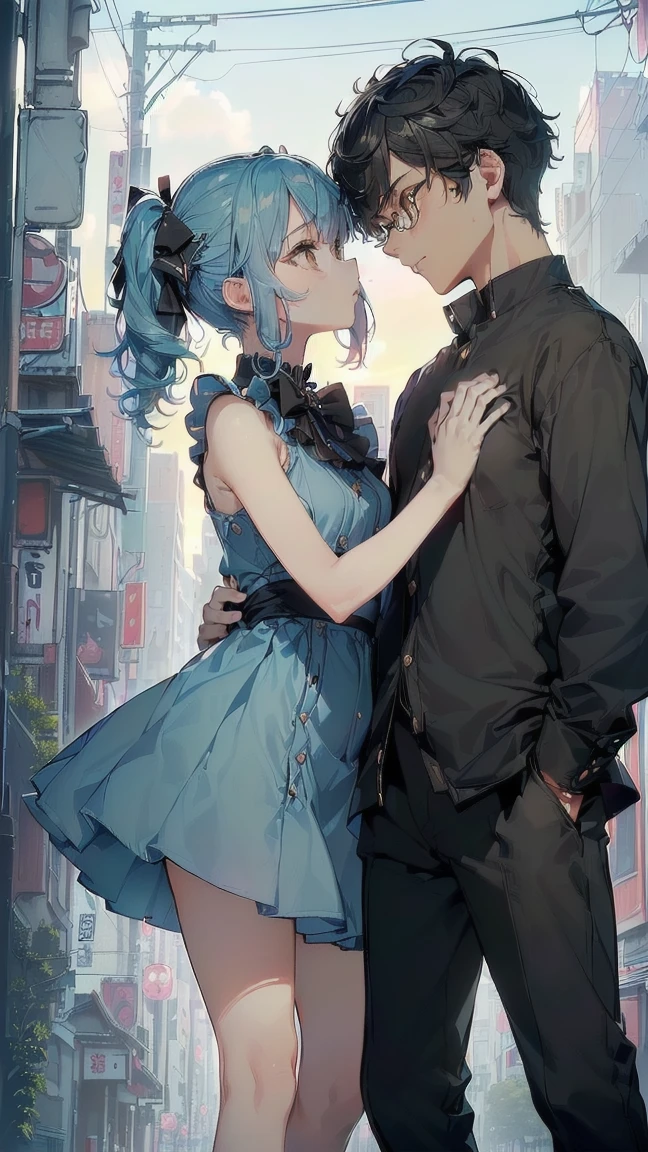 ((top quality, ultra-detailed, high resolution, extremely detailed CG, unity 8k wallpaper, by famous artist, perfect anatomy, super detailed skin, cinematic lighting, UHD, retina, anatomically correct, 1080P)), ((Please draw a couple in love of one girl and one boy in a lovely date, kissing:1.3), ((a girl with a boy)), ((Girl details: face,13-year-old:3.0, girl height: 152 cm, She is small, short, she is very short, too small, a very young teenager of 13 years old, She has the body of an immature teenage girl from middle school of 13 years old, very small breasts, androgynous charm, childish body, thin arms and legs, very skinny. Blue hair, straight bangs, hair bows, pigtails. Bluehead girl. Golden-yellow-amber perfect eyes. She is sweet, tender, adorable, cute, beautiful, kawaii and ulzzang. She is dressed in a pampered dress and Japanese fashion moe. Bare arms, shoulders and legs)) ((only the girl has blue hair)) ((Boy details: face, 17-year-old:2.0, Amamiya Ren:2.0, boy height: 172 cm, black brown hair boy, tall boy, mature man, athletic, manly, masculine, handsome, mature boy, a high school student, boy with full dark brown hair, masculine, manly, small butt, beautiful detailed full dark brown eyes, boy with glasses, perfect eyes, elegant youth clothing man, black pants, boy is more mature, mature boy)) (Detailed Lighting), ((Detailed background)), ((Romantic date at night walking through the streets of Tokyo)), full body shot, ((perfect each 5 finger, full limbs, complete fingers, perfect fingers, perfect arms)) ((one man and one woman)) ((romantic kiss)) (((the girl is much smaller than the boy))) ((couple of one girl and one boy)) ((kissing)) (((The boy is very tall, the girl is very short))) ((perfect fingers, perfect hands)) ((perfect feet)) ((kiss face to face, very close)) ((perfect detailed face))