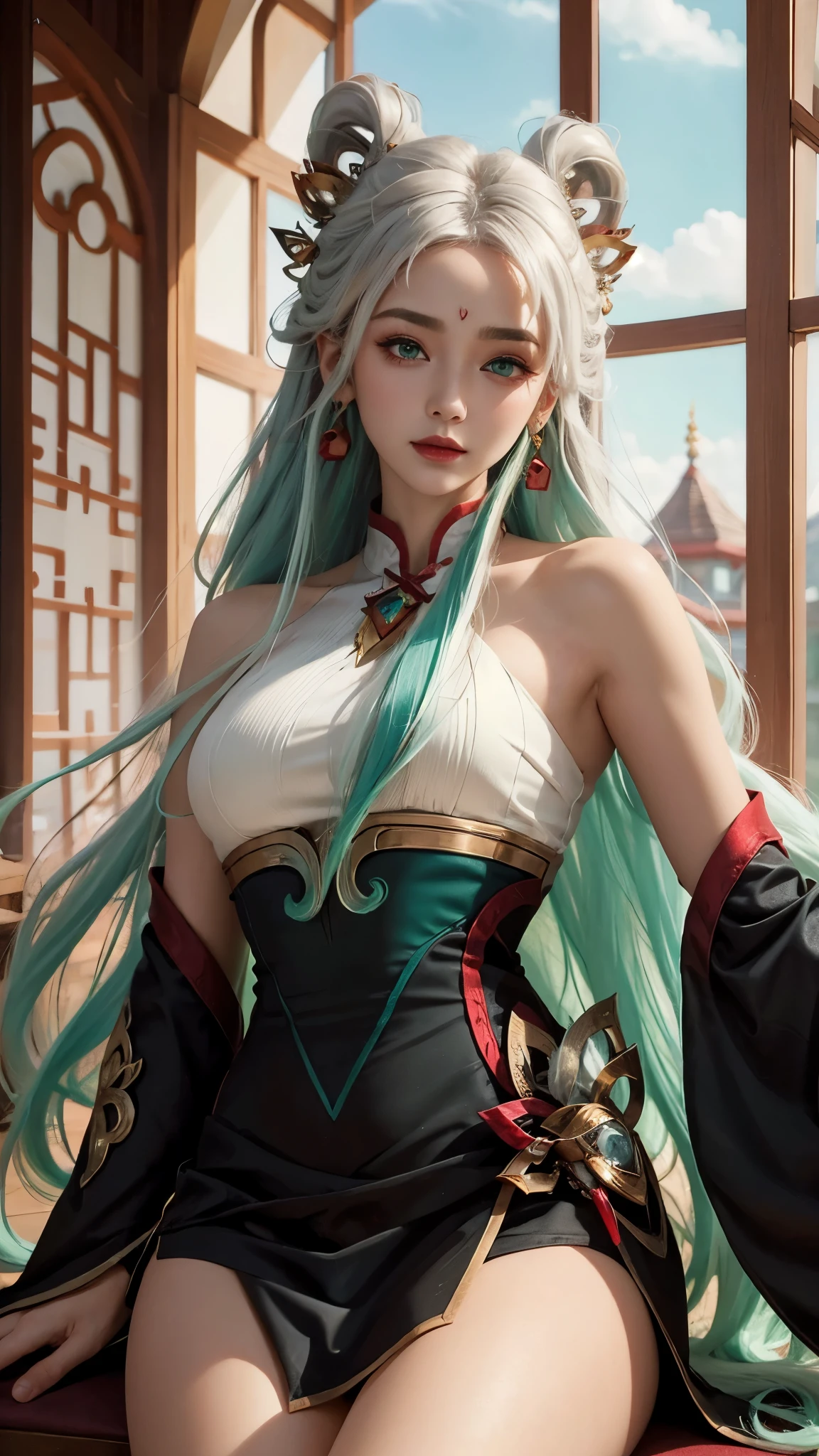 (masterpiece, best quality:1.2), intricate details, mythmaker irelia, 1girl, hair ornament, hair rings, bare shoulders, dress, detached sleeves, forehead mark, multicolored hair, white hair, earrings, green eyes, textured skin, looking at viewer, solo, light smile, (mature female:1.2),sexy pose