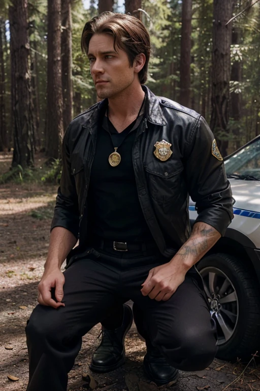 Dylan McDermot, Ben Harmon, Teen Wolf, 40 years old, short messy light brown hair, honey eyes, police sheriff uniform gray shirt on badge on black pantsuit black shoes gold fox pendant, white fox print. forest background fox aura around black color