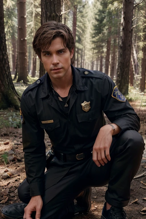 Dylan McDermot, Ben Harmon, Wolf, 40 years old, short messy light brown hair, honey eyes, police sheriff uniform gray shirt on badge on black pantsuit black shoes gold fox pendant, white fox print. forest background fox aura around black color