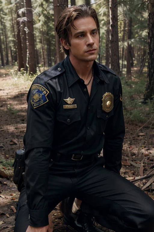 Dylan McDermot, Ben Harmon, Teen Wolf, 40 years old, short messy light brown hair, honey eyes, police sheriff uniform gray shirt on badge on black pantsuit black shoes gold fox pendant, white fox print. forest background fox aura around black color