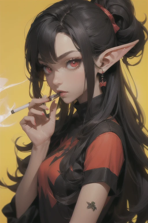 ((Best quality)), (detailed), visage parfait yellow background, black haired girl,elf ears, cigaret in hand,red eyes,black shirt,black skin