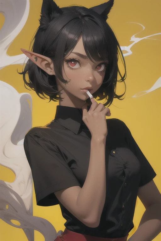 ((Best quality)), (detailed), visage parfait yellow background, black haired girl,elf ears, cigaret in hand,red eyes,black shirt,black skin, short hair