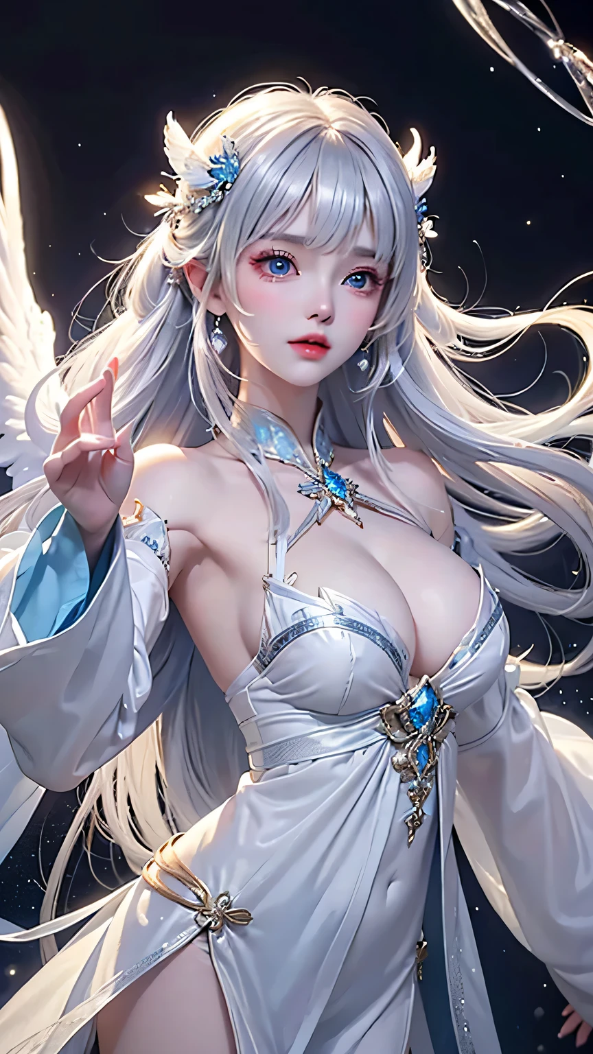 star,（White Hair Girl:1.5）,（（masterpiece））、（detailed：1.4）、((Upper body image、Close-up))、（Backlight）(Night view、A fantastic atmosphere、Ancient capital、Amazing beauty images,One Woman、white dust、Light and dance-like、Suspended particles), (Black Costume、Feathered robe with sleeves、Clothes that flare out towards the hem、Expose your shoulders、Off the shoulder)、（Gray hair that changes with light、length, Lustrous gray hair、WHITE hair fluttering in the wind、Beautiful Bangs）、（Beautiful white and shining skin、Cheek gloss highlighter、Sexy and very beautiful and adorable face、The most beautiful face in the world、big, Sparkling blue eyes）、（Cute 25 year old girl、Ample breasts、Great cleavage and a tiny waist、Delicate shoulders、balanced figure）、Woman in stage costume, Loose-fitting robes,Angel&Feather Robe、 , elegant and charming cosplay
