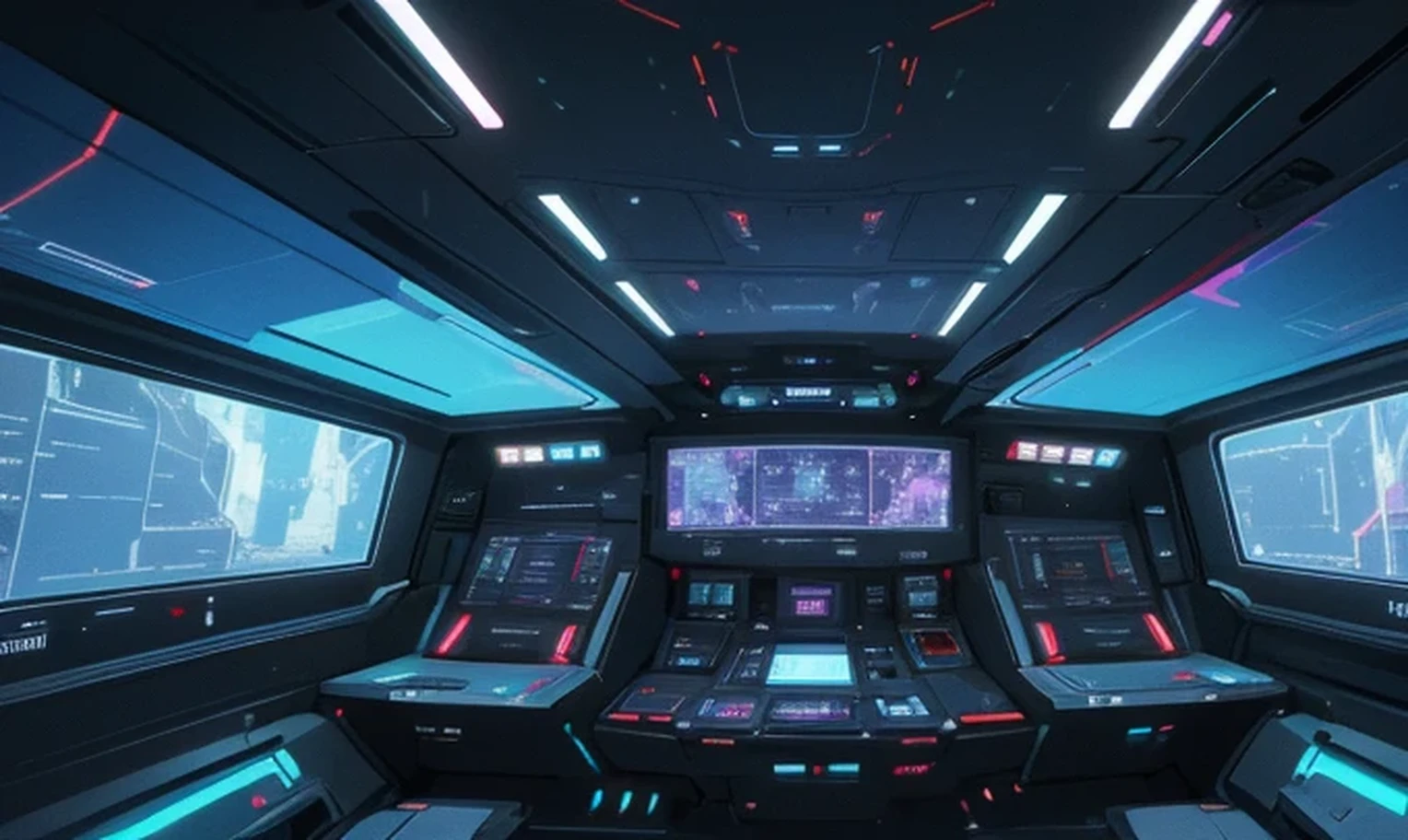 a detailed interior of a spaceship, complex control panels, glowing holographic displays, sleek metallic surfaces, advanced technology, vibrant colors, cinematic lighting, intricate details, high quality, masterpiece