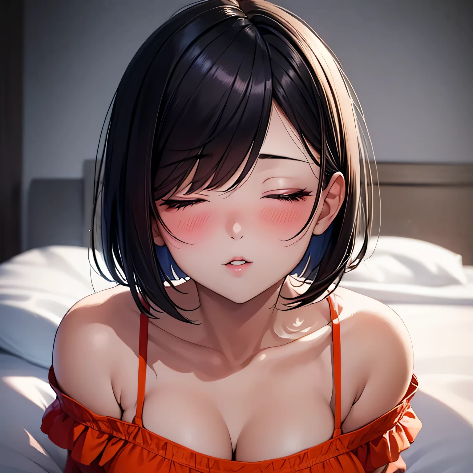 Amazing portrait of a sexy and cute girl with a short bob hairstyle and a seductive gaze who is blushing intensely with parted lips and is desperate and flustered and lustful wearing an off shoulder orange t shirt showcasing her bare shoulder while lying on bed