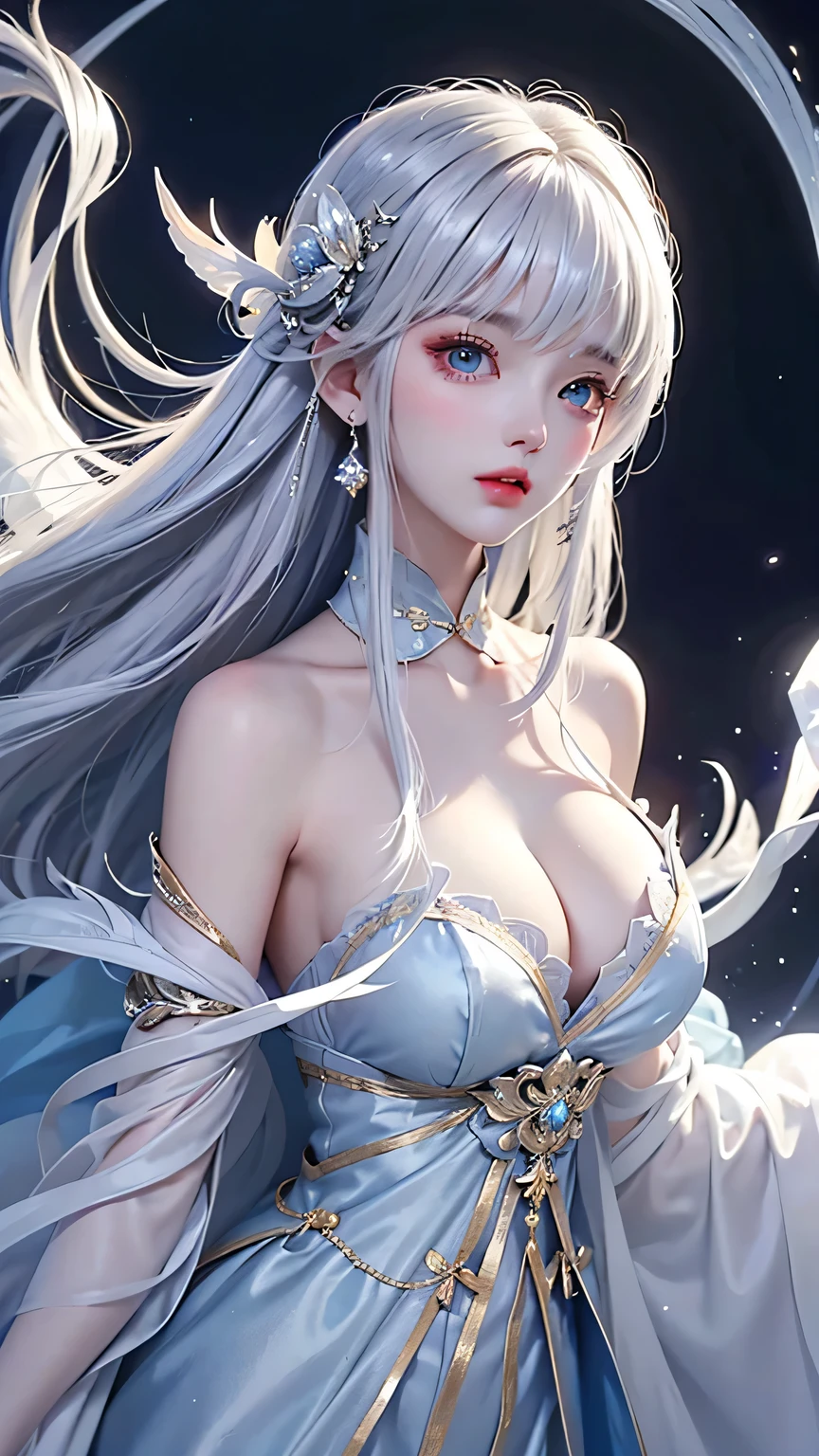 star,（White Hair Girl:1.5）,（（masterpiece））、（detailed：1.4）、((Upper body image、Close-up))、（Backlight）(Night view、A fantastic atmosphere、Ancient capital、Amazing beauty images,One Woman、white dust、Light and dance-like、Suspended particles), (Black Costume、Feathered robe with sleeves、Clothes that flare out towards the hem、Expose your shoulders、Off the shoulder)、（Gray hair that changes with light、length, Lustrous gray hair、WHITE hair fluttering in the wind、Beautiful Bangs）、（Beautiful white and shining skin、Cheek gloss highlighter、Sexy and very beautiful and adorable face、The most beautiful face in the world、big, Sparkling blue eyes）、（Cute 25 year old girl、Ample breasts、Great cleavage and a tiny waist、Delicate shoulders、balanced figure）、Woman in stage costume, Loose-fitting robes,Angel&Feather Robe、 , elegant and charming cosplay
