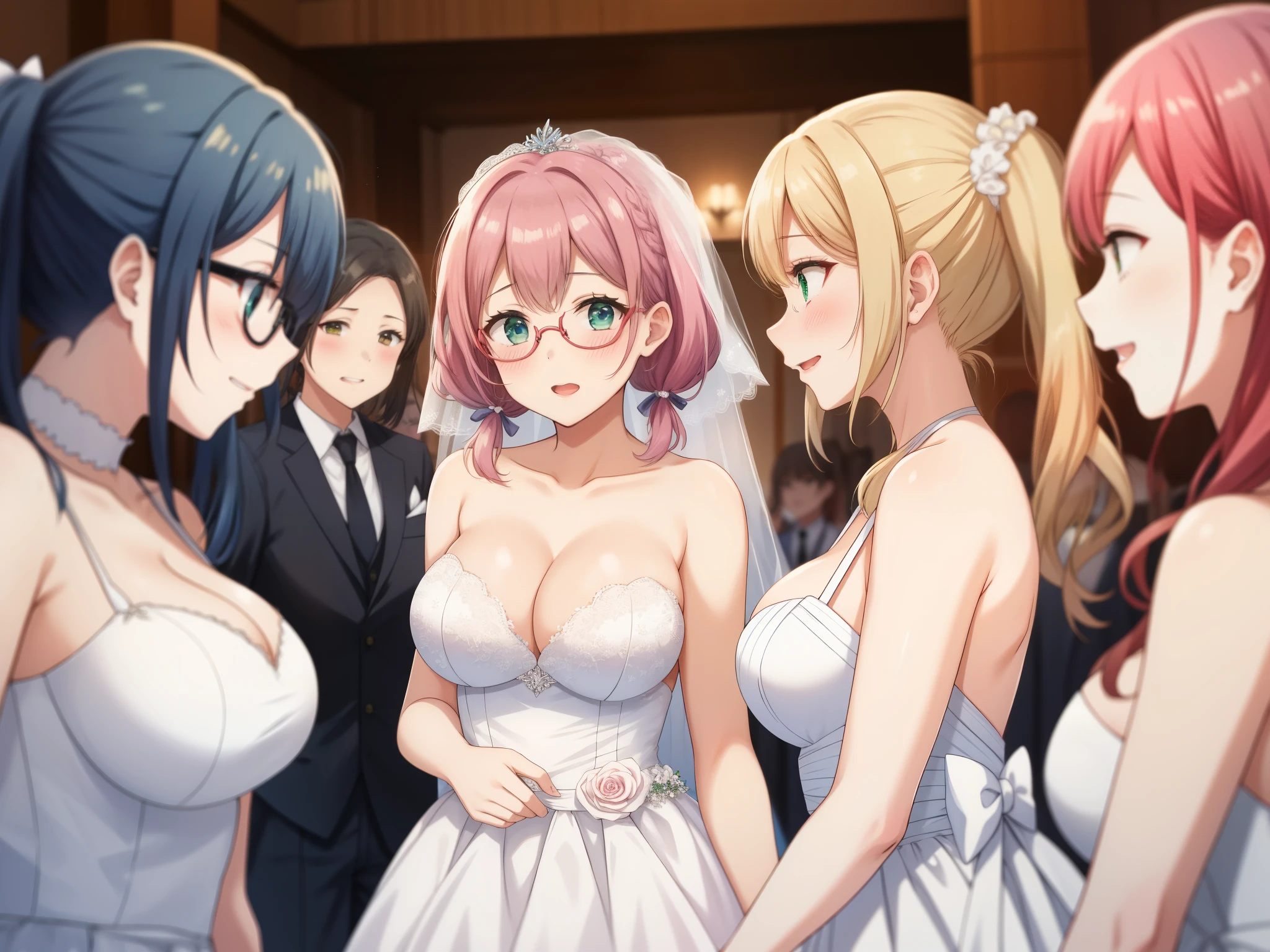 best quality, female, multiple girls, grou, standing, front view, large breasts, best quality, 6girls, crowded, close up, slender, blonde hair, black hair, blue hair, silver hair, red hair, pink hair, green hair, 6 girls, blush, eye glasses, brown skin, twin tails, bow shaped hair, ponytail, aichan, arisa ayase, (wedding dress), wedding party