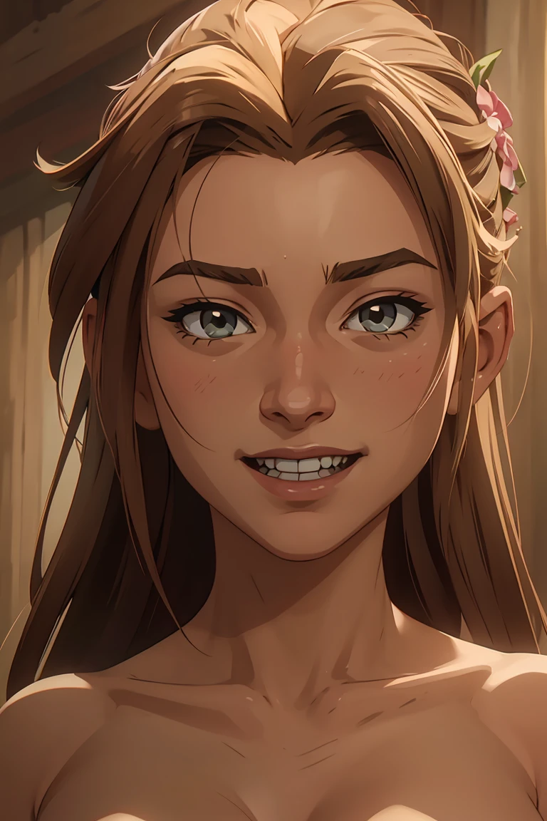 Aerith Gainsborough from final fantasy 7 rebirth, extremely detailed face, ((nude)), portrait, half open mouth, exaggerated grin
