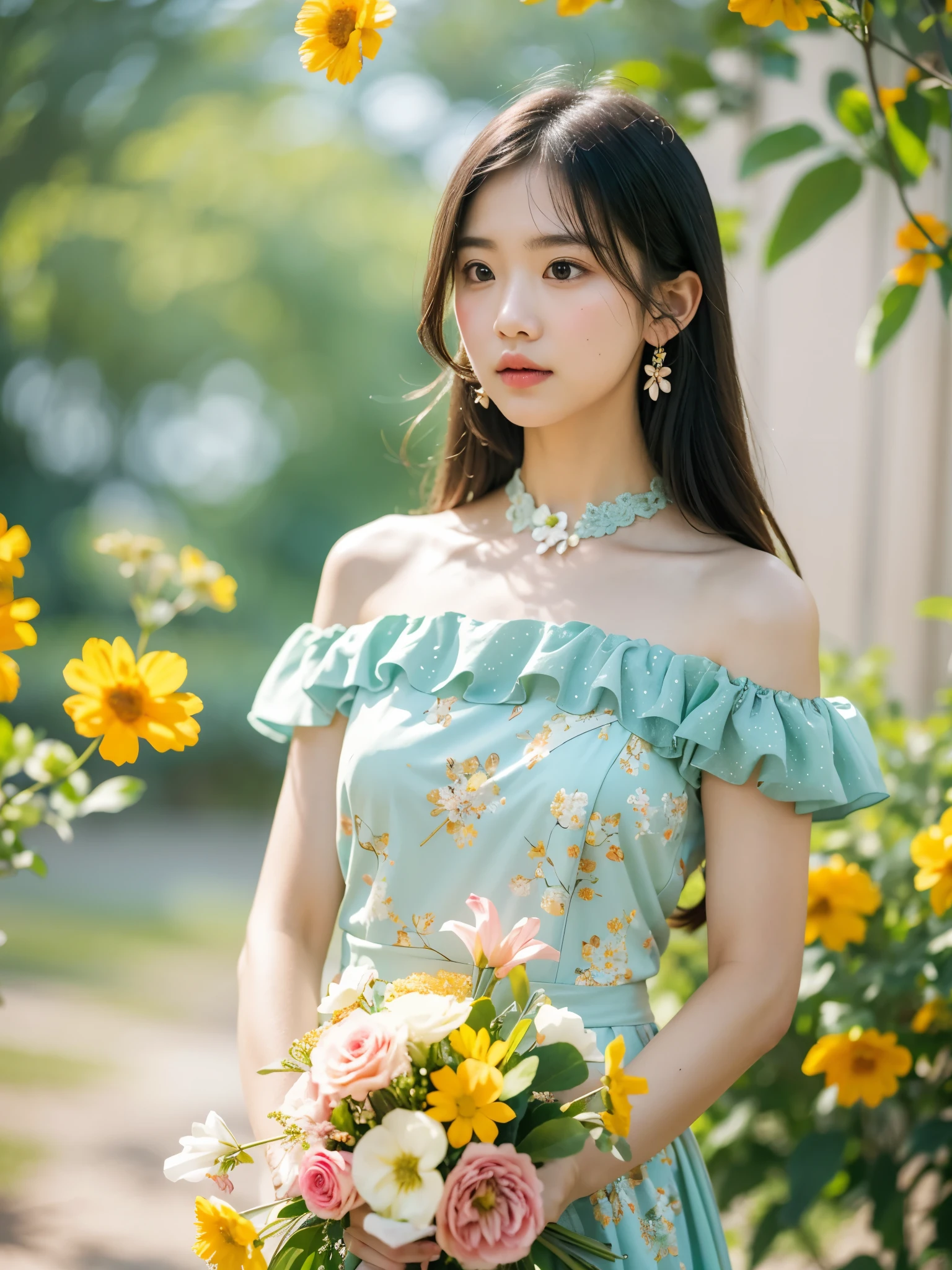 woman, flower dress, colorful, darl background,flower armor,green theme,exposure blend, medium shot, bokeh, (hdr:1.4), high contrast, (cinematic, teal and orange:0.85), (muted colors, dim colors, soothing tones:1.3), low saturation,