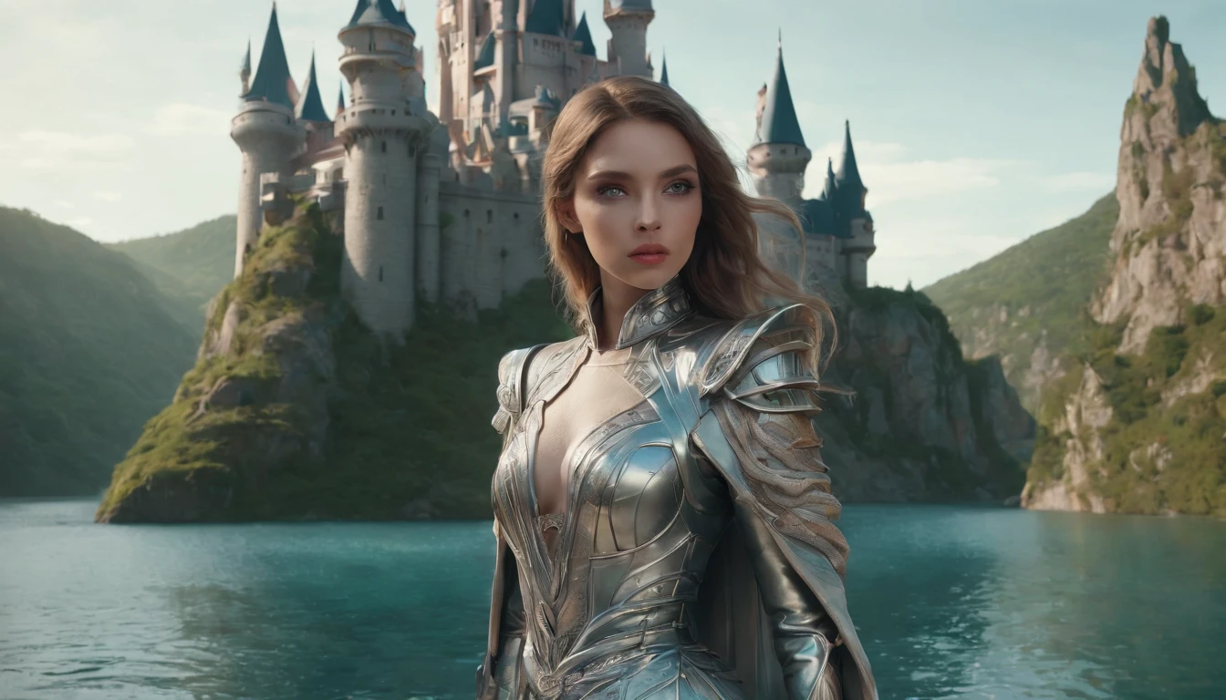 medium shot of a young woman in fantasy-futuristic clothing, she stands in front of a fantasy castle with a river and a boat, fantasy city background, beautiful art uhd 4 k, 4k fantasy art, high fantasy castle, epic castle with tall spires, young woman, 27yo, fantasy capital city, fantasy cityscape, beautiful young woman, fantasy castle, 8k high quality detailed art
