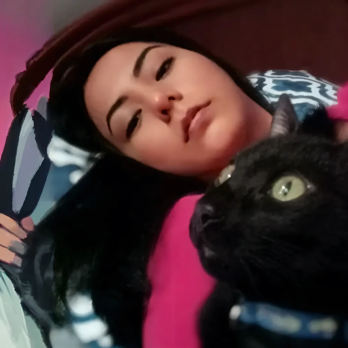 woman laying in bed with a black cat and a pink shirt, with small cat on lap, emo girl and her cat, woman and cat, black cat taking a selfie, with cats on her side, big cheeks holding her cat, she is laying on her back, she is holding a cat in her arms, laying on her back on a bed, laying on her back