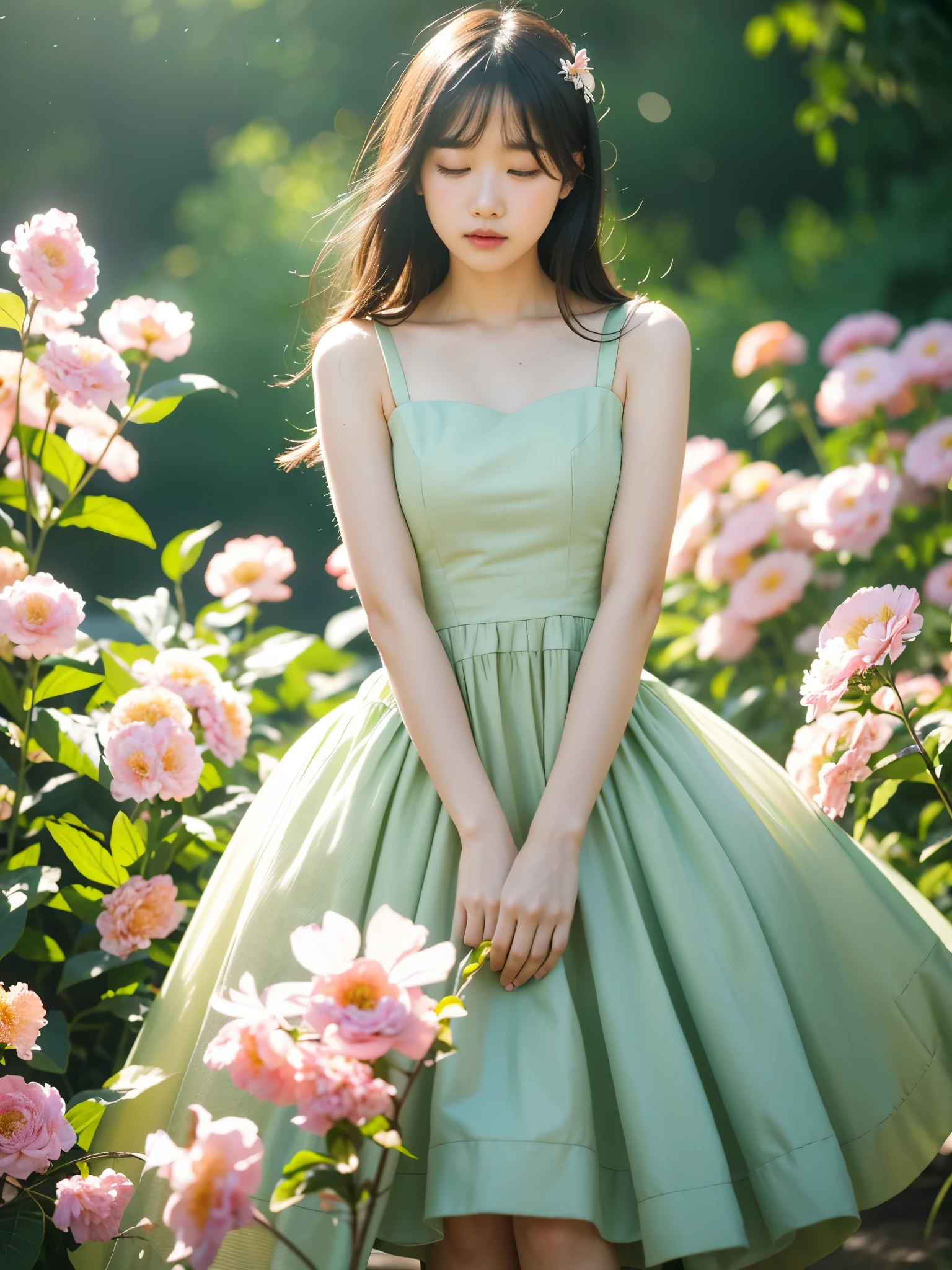 woman, flower dress, colorful, darl background,flower armor,green theme,exposure blend, medium shot, bokeh, (hdr:1.4), high contrast, (cinematic, teal and orange:0.85), (muted colors, dim colors, soothing tones:1.3), low saturation,