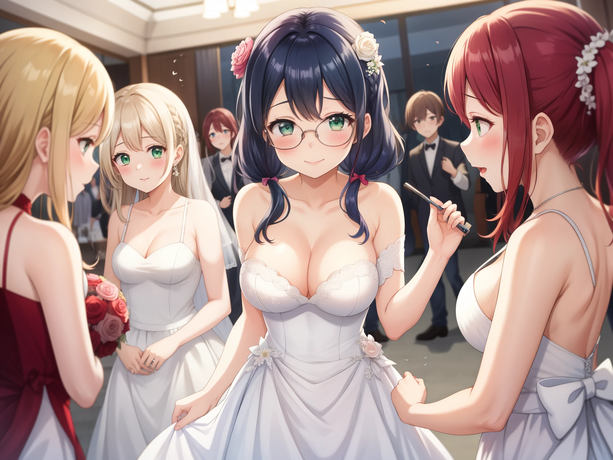 best quality, female, multiple girls, grou, standing, front view, large breasts, best quality, 6girls, crowded, close up, slender, blonde hair, black hair, blue hair, silver hair, red hair, pink hair, green hair, 6 girls, blush, eye glasses, brown skin, twin tails, bow shaped hair, ponytail, aichan, arisa ayase, (wedding dress), wedding party