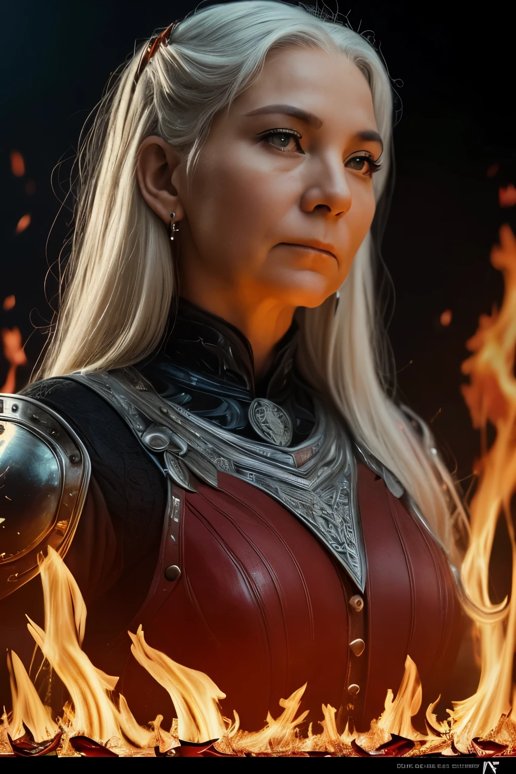 (((Cinematic heavy metal poster))) of Rhaenys Targaryen, (((old woman, 60 years old))) , Gothic style,  (a detailed RAW photo of a ), (master part:1.0), (best quality:1.4), (Ultra Highres:1.2), (photorealistic:1.4), 8K resolution, Canon EOS R5, 50 millimeters, Absurd, Ultra Detailed, sharp focus, Cinematic lighting, detailed face,  (ULZZANG-6500-V1.1), detailed skin texture, pale skin, chest round, (pale :0.5), Cinematic lighting. (((Abstract flames background)))