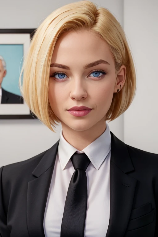 masterpiece, high quality, best quality, realistic, fine detail, black suit, black necktie, MIBSuit, white shirt, Black Suit, Black Jacket Coat, Formal Look, large breasts, (muscular female:0.8), portrait, upper body, blank background, Agent L, blue eyes, blonde hair, short hair, bob hair, black suit, black jacket