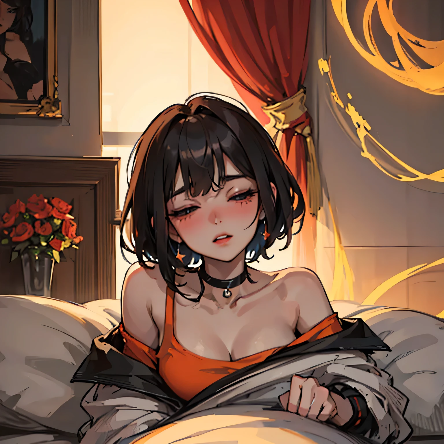 Amazing portrait of a sexy and cute girl with a short bob hairstyle and a seductive gaze who is blushing intensely with parted lips and is desperate and flustered and lustful wearing an off shoulder orange t shirt showcasing her bare shoulder while lying on bed