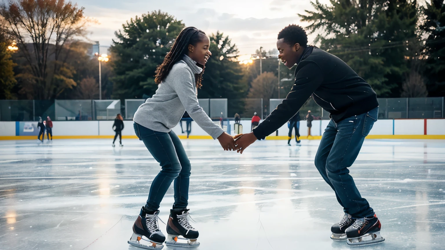 A young black man & woman Ice skating at an outdoor rink, he steadies her by the elbows as she struggles to keep her balance, their faces close.