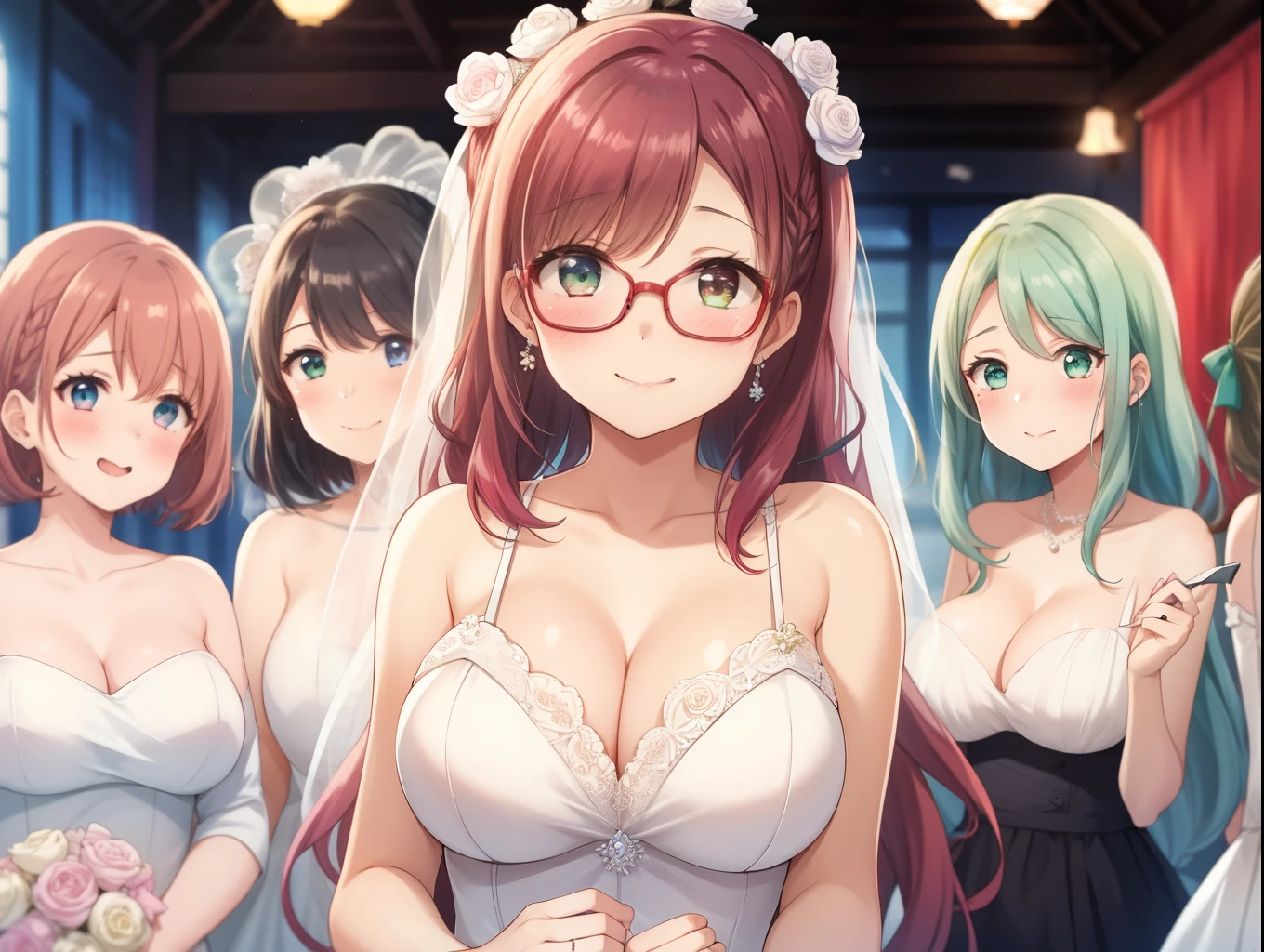 best quality, female, multiple girls, grou, standing, front view, large breasts, best quality, 6girls, crowded, close up, slender, blonde hair, black hair, blue hair, silver hair, red hair, pink hair, green hair, 6 girls, blush, eye glasses, brown skin, twin tails, bow shaped hair, ponytail, aichan, arisa ayase, (wedding dress), wedding party