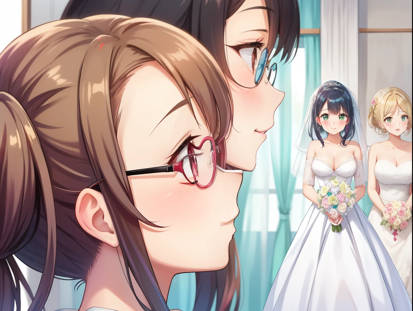 best quality, female, multiple girls, grou, standing, front view, large , best quality, 6girls, crowded, close up, slender, blonde hair, black hair, blue hair, silver hair, red hair, pink hair, green hair, 6 girls, blush, eye glasses, brown skin, twin tails, bow shaped hair, ponytail, aichan, arisa ayase, (wedding dress), wedding party