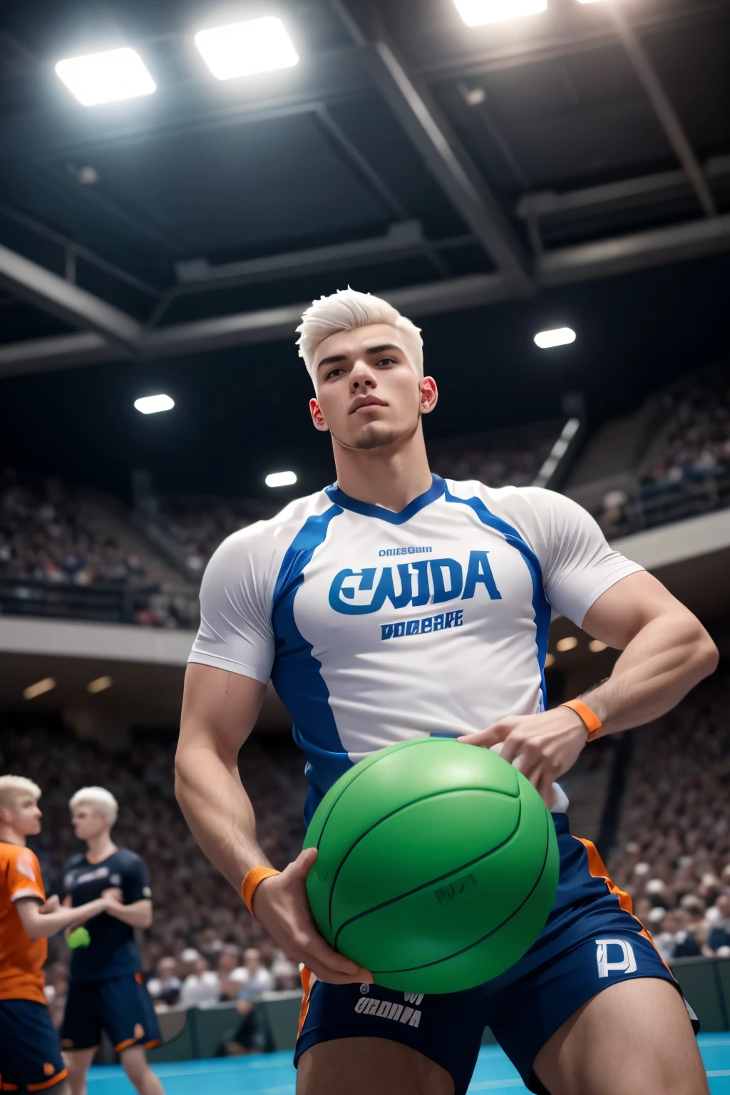 Dodgeball player, handsome 25-year-old boy, his hair is platinum white graduation cut, he wears the team's uniform, with blue and orange colors, he is holding a green ball, around him there is a white aura of power , in the background of the blurred image we can see the court with everyone on your team playing dodgeball, with people in the stands cheering.