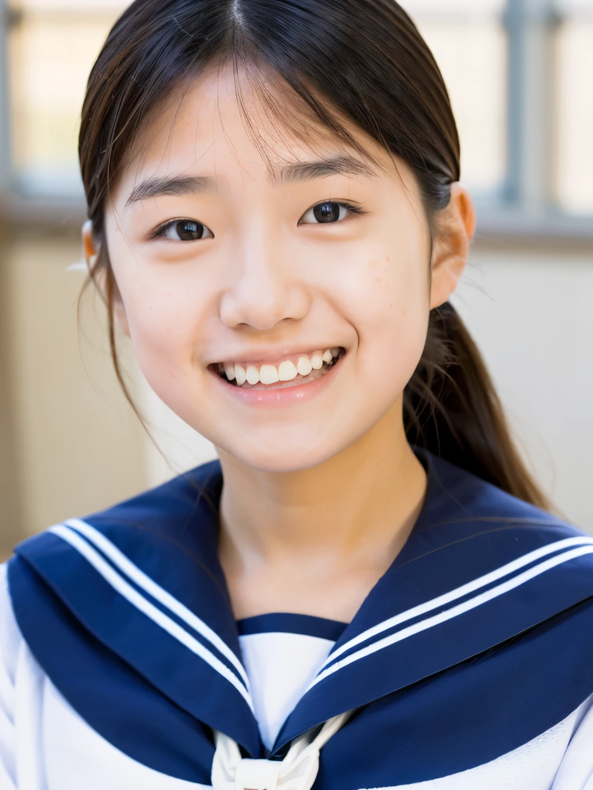 lens: 135mm f1.8, (highest quality),(RAW Photos), (Tabletop:1.1), (Beautiful  Japanese girl), Cute Face, (Deeply chiseled face:0.7), (freckles:0.4), Speckled sunlight, Dramatic lighting, (Sailor suit), dark blue, Long sleeve, (In the classroom), shy, (Close-up shot:1.2), (smile)
