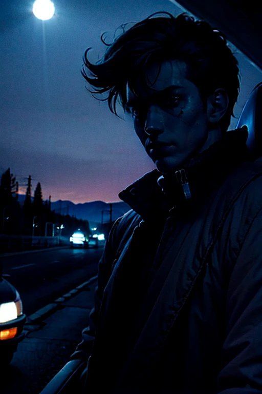 80s, cyber punk, horror, driving through the mountains, initial d anime, wide scene, highway, subject inside car, night time, dark, full body, driving