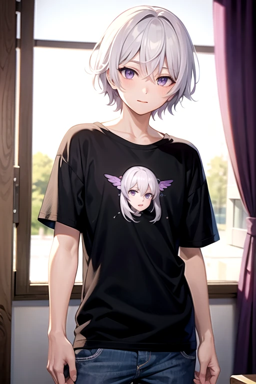 boy, white hair, purple eyes, anime, shirt 