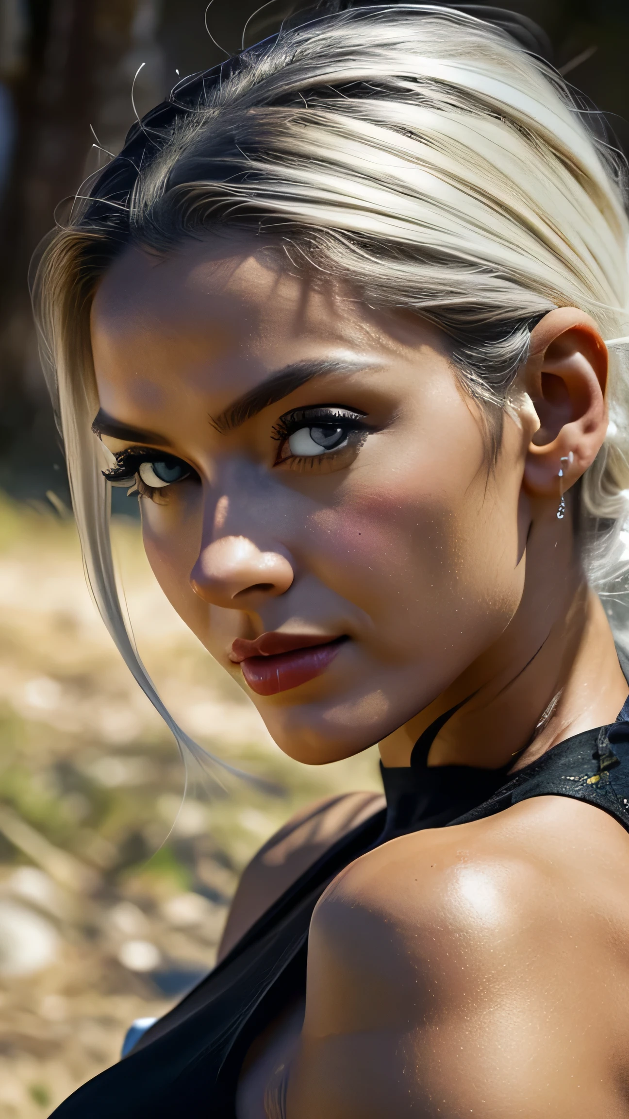 fotografiagrafia crua, ultra-detalhado fotografiarrealista, hiper-realista, anatomic, elegante, Estilo HR Giger, Estilo Joe Benitez, 8k, melhor qualidade, obra prima, extremamente delicado e lindo, extremamente detalhado, (realista, fotografiarrealista:1.37), incrivelmente absurdos, His posture is confident and determined, reflecting the courage and determination that make her such a captivating character. analogue style, Modelo estilo de tiro, Retrato RAW de 1girl, pele clara, white hair, cabelos brancos longos, skinny girl, slender girl, small breats, athletic, defined muscles, white cotton t-shirt, foco no rosto, ((beautiful face: 1.7, rosto perfeito:1.3)), (de cima:1.2), maquiagem escura sobre os olhos, red-lips, olhos realistas, olhos azuis, blue irises, a faint enigmatic smile, dedos realisticos, 5 dedos, melhor qualidade, epicotografia, Sony A7, 50 millimeters, Casais:1.5, cores, hiperdetalhado:1.5, filmic grain:1.4, hiper-realista: 1.5), textura realista hiper-realista, master part, Motor Unreal 5, extremamente detalhado CG unidade 8k papel de parede, Foto loucamente detalhada.