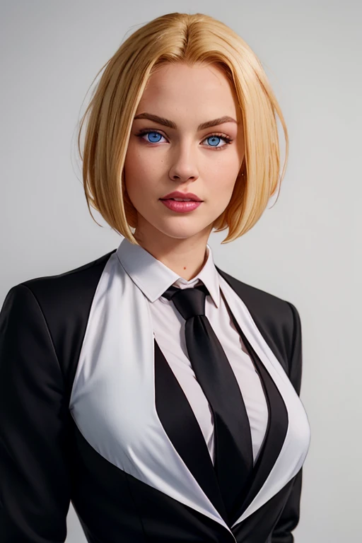 masterpiece, high quality, best quality, realistic, fine detail, black suit, black necktie, MIBSuit, white shirt, Black Suit, Black Jacket Coat, Formal Look, large breasts, (muscular female:0.8), portrait, upper body, blank background, Agent L, blue eyes, blonde hair, short hair, bob hair, black suit, black jacket