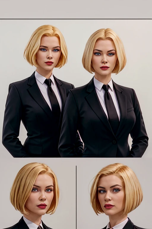 masterpiece, high quality, best quality, realistic, fine detail, black suit, black necktie, MIBSuit, white shirt, Black Suit, Black Jacket Coat, Formal Look, large breasts, (muscular female:0.8), portrait, upper body, blank background, Agent L, blue eyes, blonde hair, short hair, bob hair, black suit, black jacket