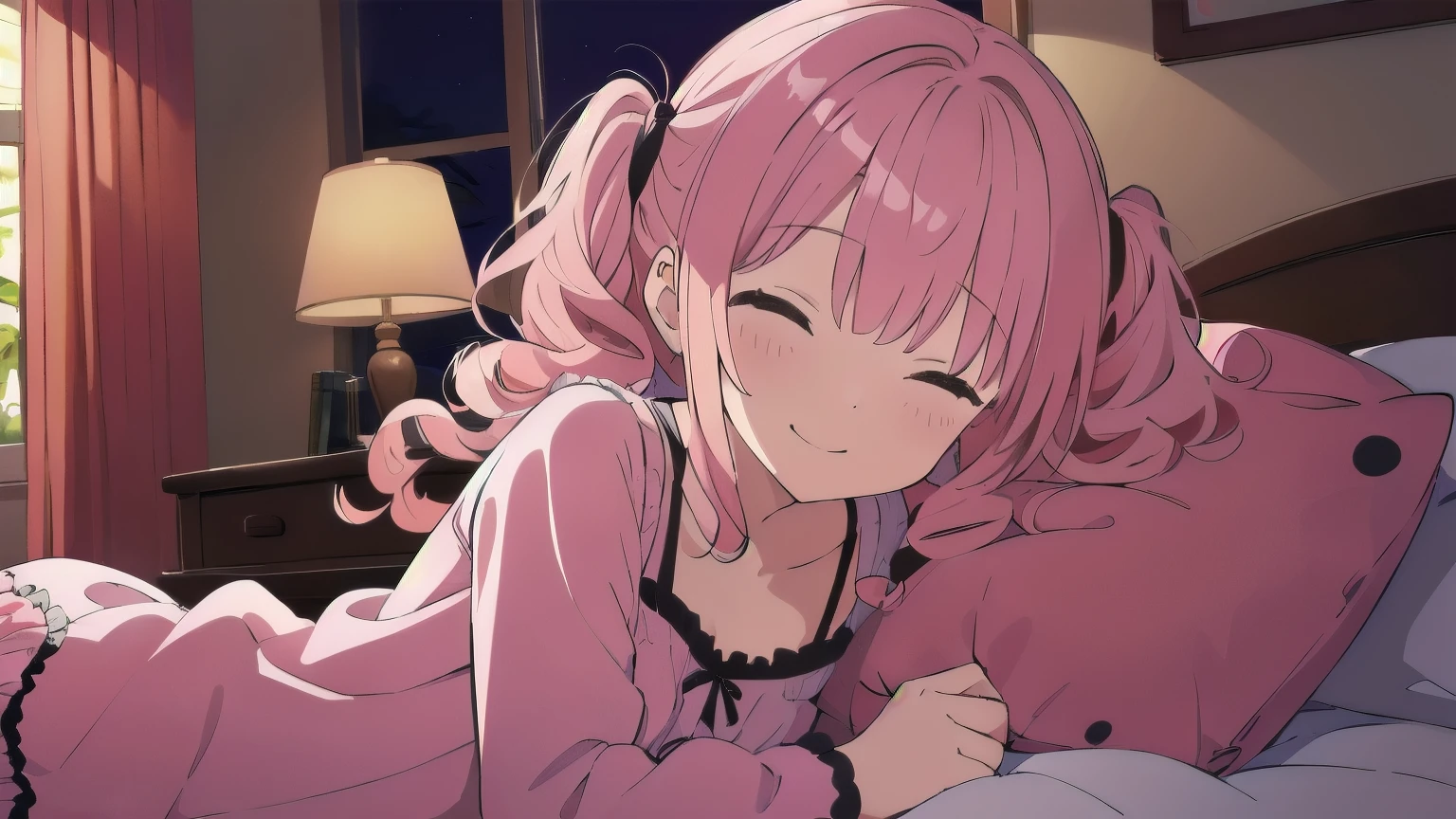 Very detailed, Detailed Background,　(highest quality, masterpiece, High resolution), One girl,　Demure,　(Curly Hair:1.4), Twin tails, smile,　 Mid-chest, Pink Hair,  Upper Body, pajamas,　long hair、　(night:1.4),　Dimly lit room, Co-sleeping style,　Bedroom,　Open your eyes