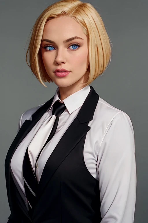 masterpiece, high quality, best quality, realistic, fine detail, black suit, black necktie, MIBSuit, white shirt, Black Suit, Black Jacket Coat, Formal Look, large breasts, (muscular female:0.8), portrait, upper body, blank background, Agent L, blue eyes, blonde hair, short hair, bob hair, black suit, black jacket