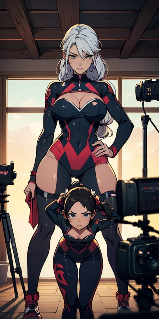 there are a mother and her daughter in front her, women in lingersuits standing next to a camera, a picture by Kamisaka Sekka, pixiv contest winner, conceptual art, commission for high res, posing for a picture, rule 34, [ 4 k digital art ]!!, neutral pose, illustration 8 k, triad of muses, ecchi anime style, poses for the camera