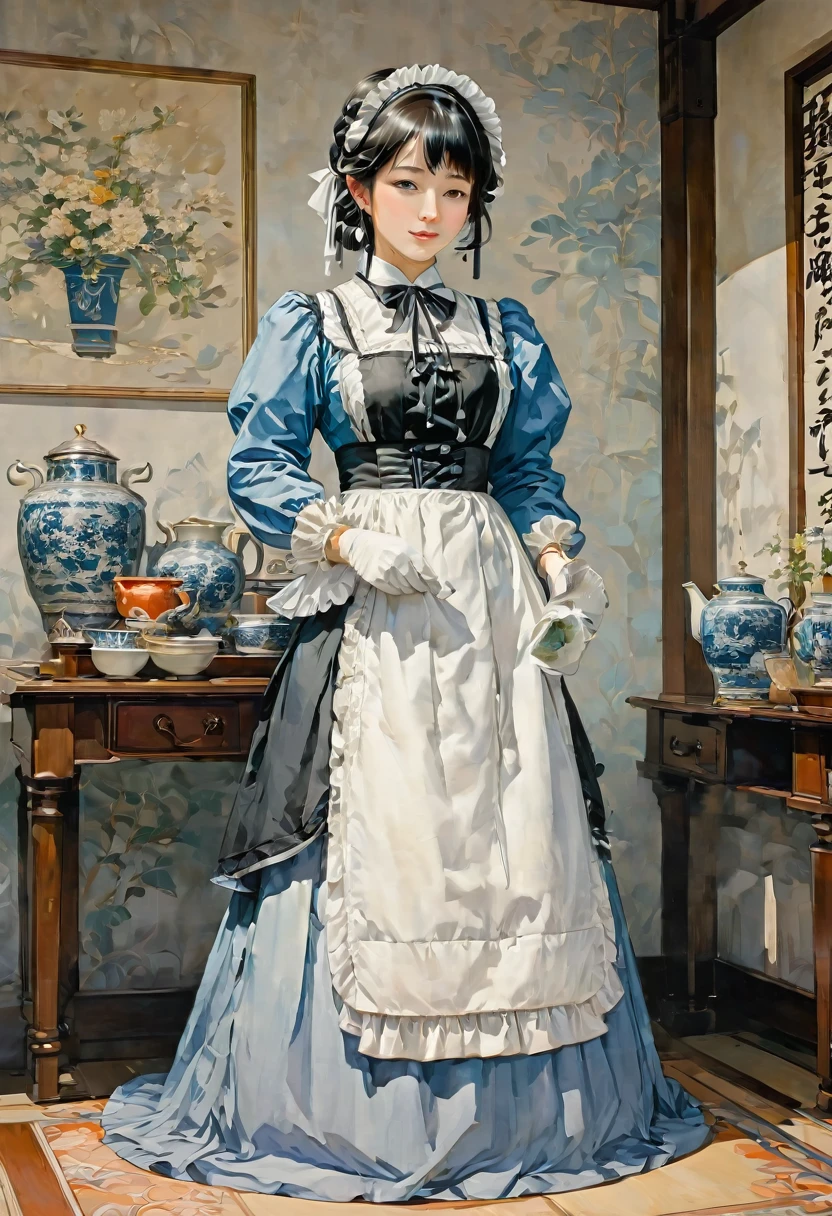 Maid Outfit, by Hiroshi Yoshida, best quality, masterpiece, very aesthetic, perfect composition, intricate details, ultra-detailed