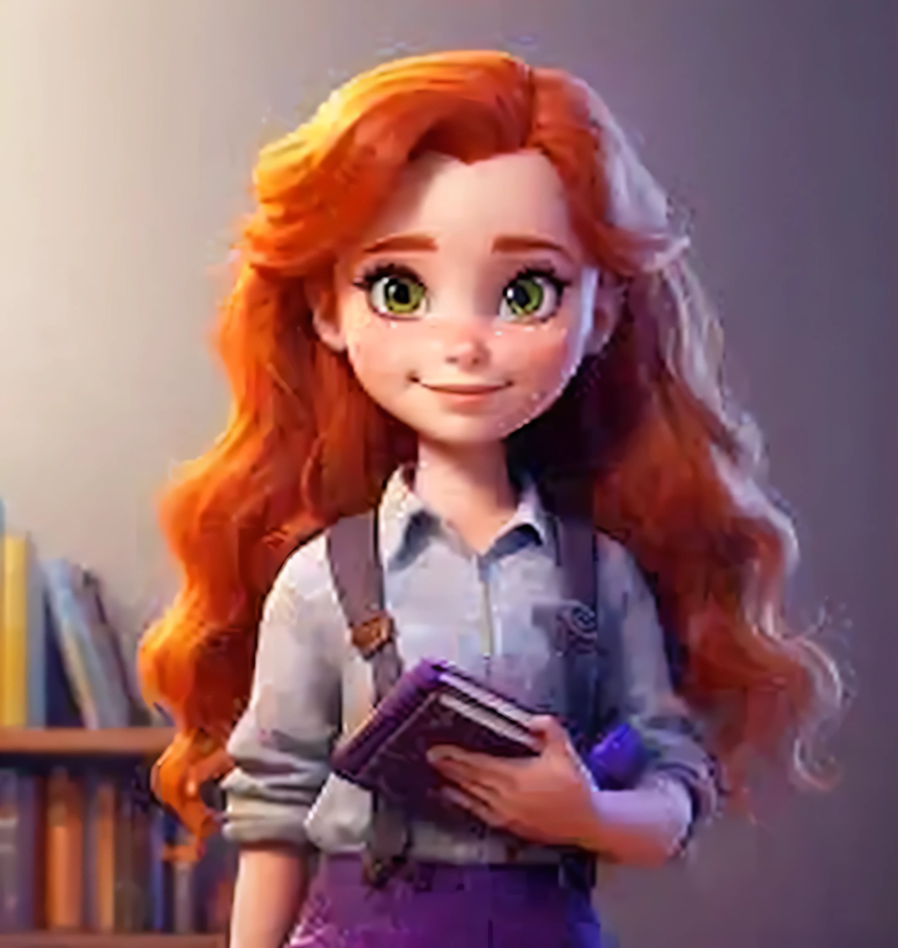 a close up of a cartoon girl with a book in her hand, in style of disney animation, animation character, disney character style, cute cartoon character, disney art style, disney character, she has long redorange hair, cute character, diseny animation style, in style of disney pixar, cartoon character, she has long orange brown hair, highly detailed character