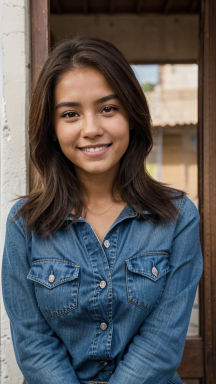 a 23-year-old Bolivian girl with ironed brown hair, piel clara, ojos claros, sonrisa delicada, estatura 1,60, senos medianos, cintura regular, cuerpo delicado, vistiendo jeans negros ajustados