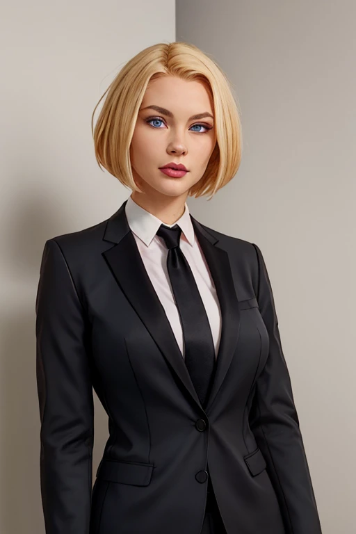 masterpiece, high quality, best quality, realistic, fine detail, black suit, black necktie, MIBSuit, white shirt, Black Suit, Black Jacket Coat, Formal Look, large breasts, (muscular female:0.8), portrait, upper body, blank background, Agent L, blue eyes, blonde hair, short hair, bob hair, black suit, black jacket