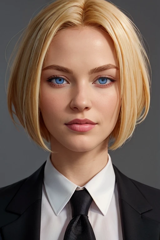masterpiece, high quality, best quality, realistic, fine detail, black suit, black necktie, MIBSuit, white shirt, Black Suit, Black Jacket Coat, Formal Look, large breasts, (muscular female:0.8), portrait, upper body, blank background, Agent L, blue eyes, blonde hair, short hair, bob hair, black suit, black jacket
