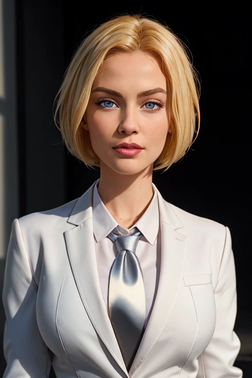 masterpiece, high quality, best quality, realistic, fine detail, black suit, black necktie, MIBSuit, white shirt, Black Suit, Black Jacket Coat, Formal Look, large breasts, (muscular female:0.8), portrait, upper body, blank background, Agent L, blue eyes, blonde hair, short hair, bob hair, black suit, black jacket